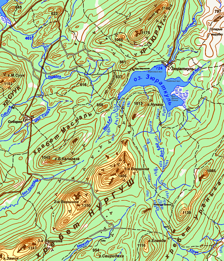Карта хребта Нургуш и озера Зюраткуль